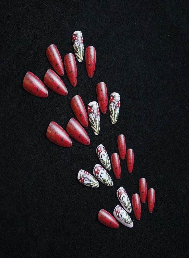 GRITOSE 24Pcs Halloween Press on Nails Almond Long Fake Nails Matte Full Cover False Nails with Mushroom Ghost Designs Artificial Acrylic Nails Press ons Cute Halloween Stick on Nail for Women - Image 4